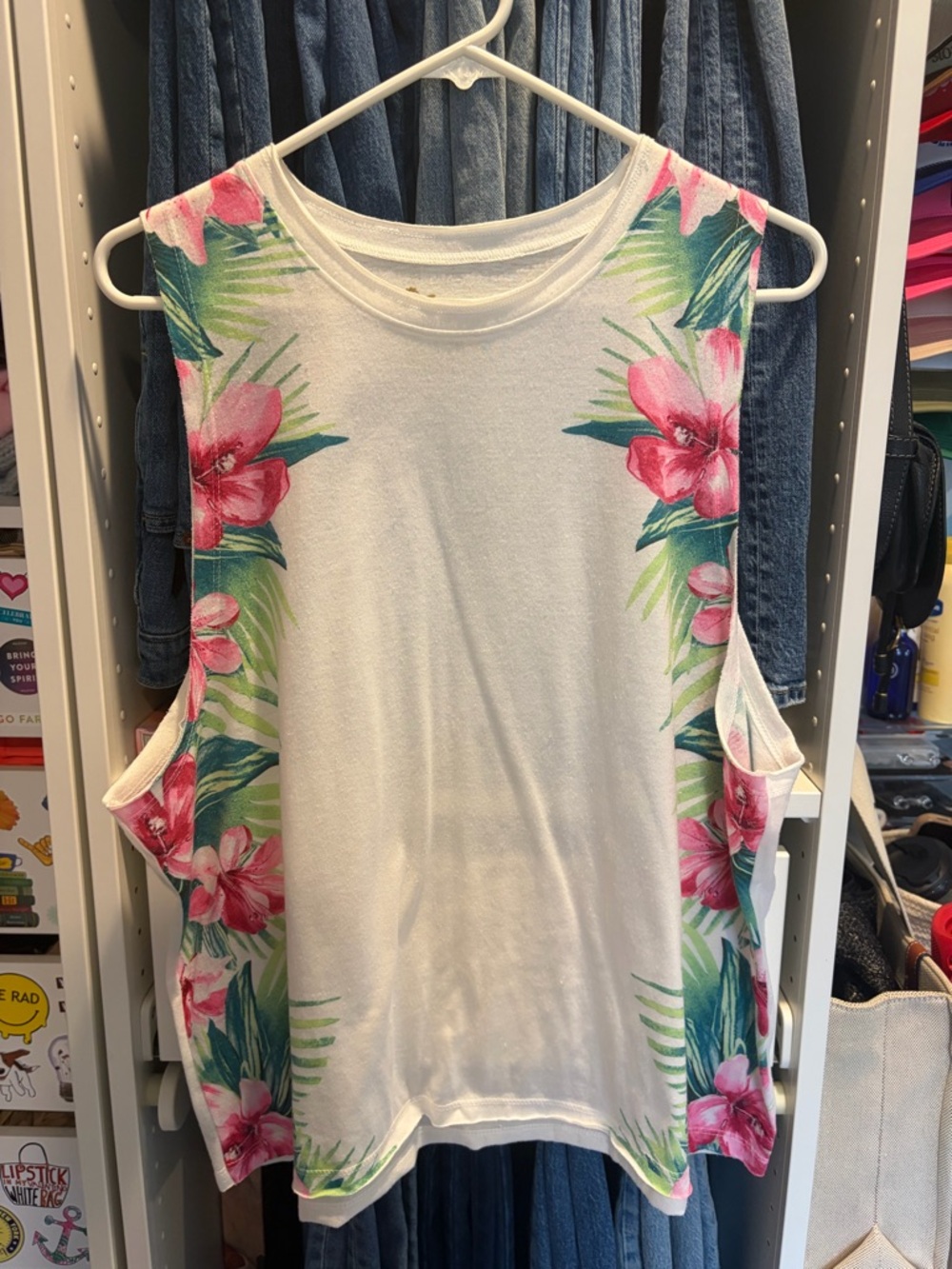 Show Me Your MuMu White Tank with Pink Tropical Floral Trim